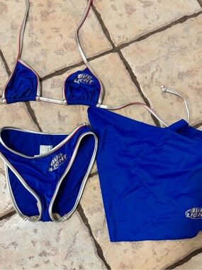 Vintage official Bud Light Bikini Set w/ sarong blue silver small Y2K 90’s 80’s